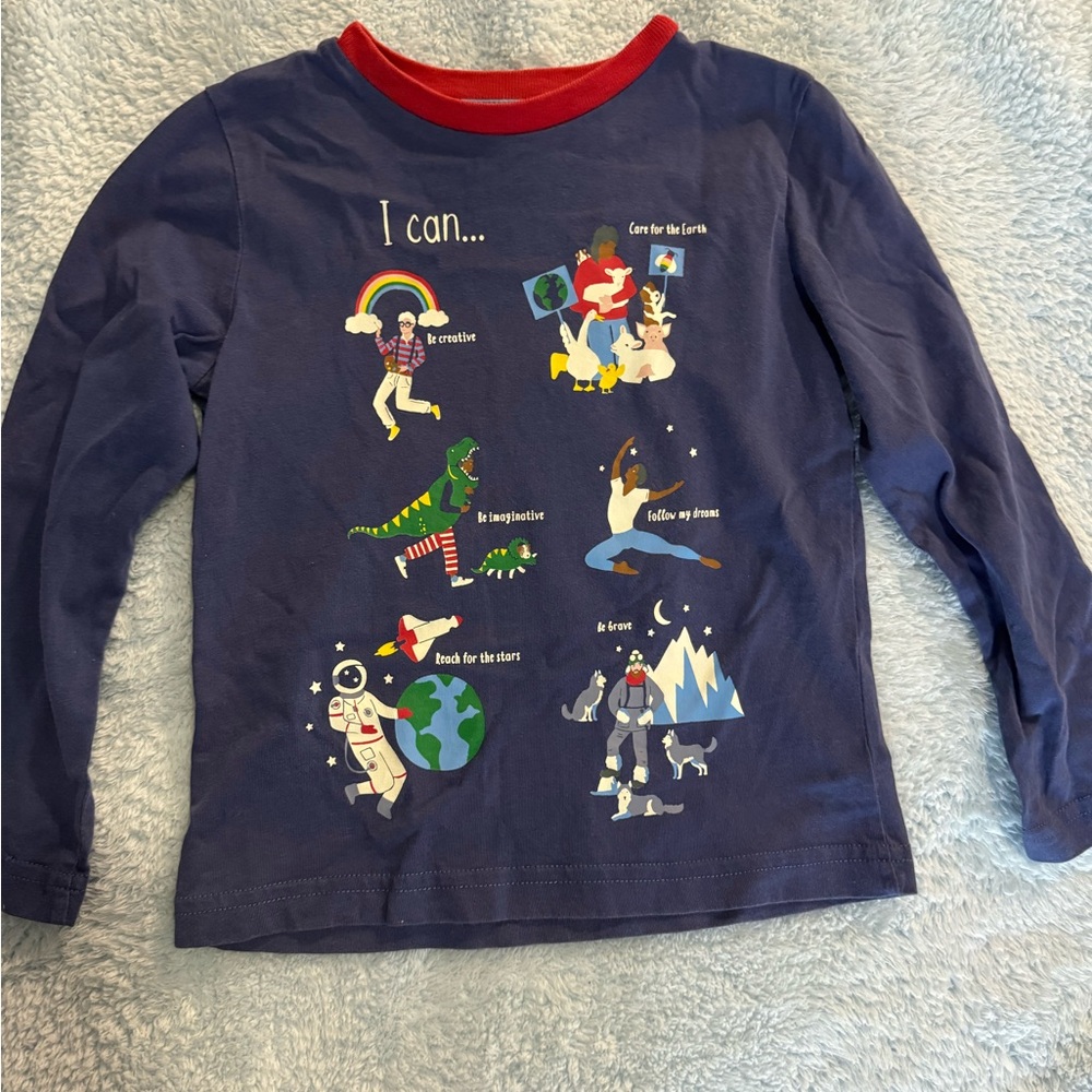 Mini Boden Blue and Red Long Sleeve Tee with Festive Graphics